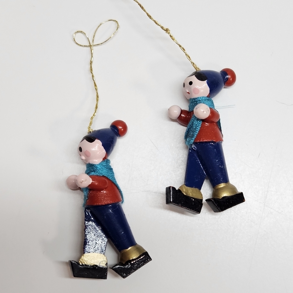 VINTAGE Wood Wooden Small Ice Skaters Christmas Holiday Ornaments Set of 2